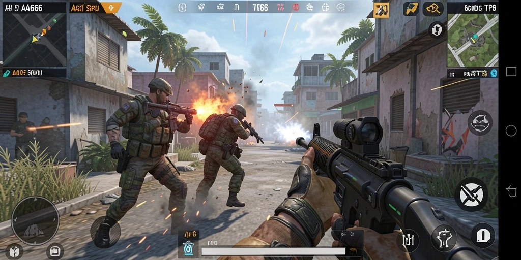 Tangkapan layar menunjukkan aksi intens dalam game TPS AA666.