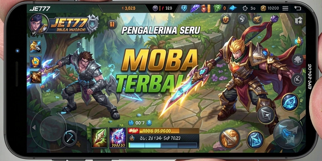 Tampilan aksi seru dalam gameplay JET77 MOBA.
