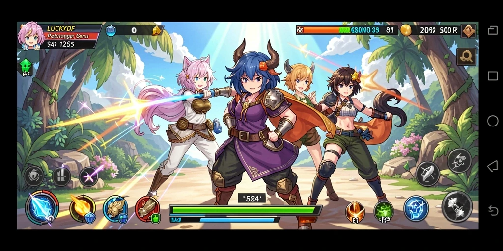 Screenshot gameplay LUCKYDF menampilkan pertarungan anime yang seru dan karakter menarik.