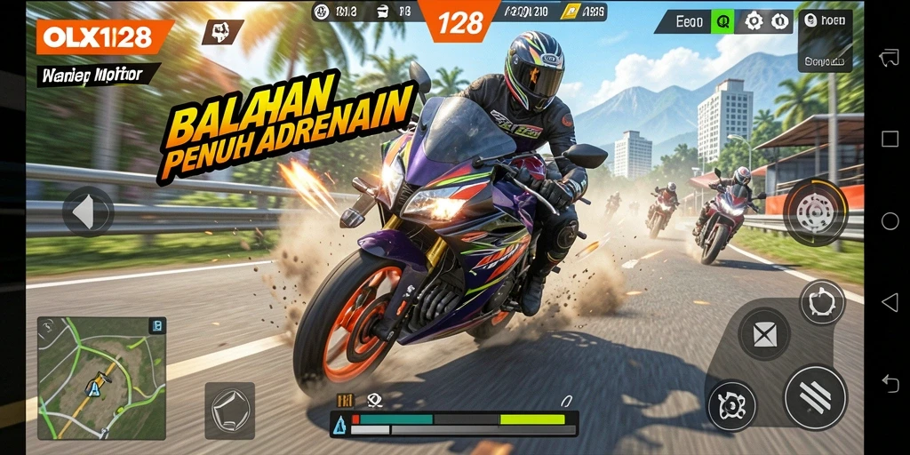 Gameplay seru balapan motor di OLX128 dengan trek yang menantang.