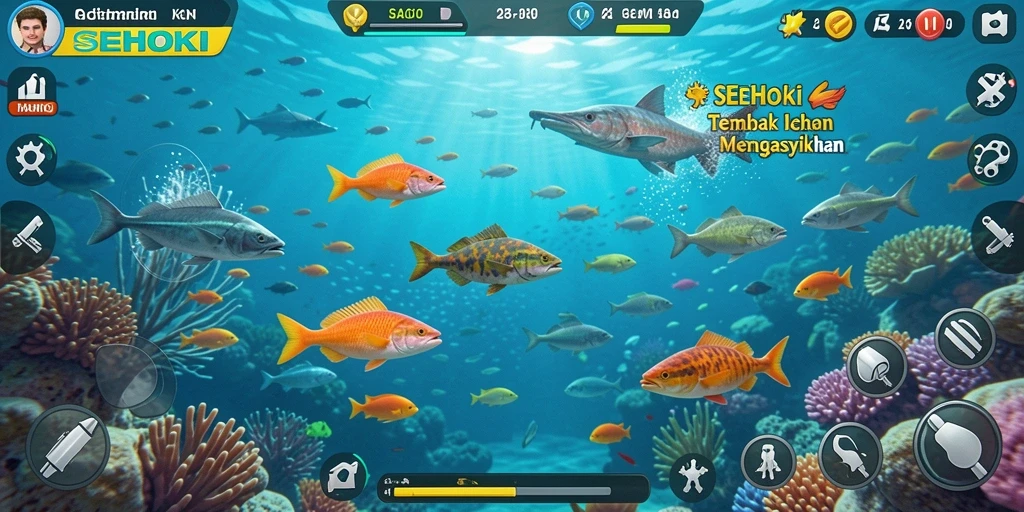 Screenshot utama SEHOKI menampilkan aksi seru dalam Tembak Ikan.