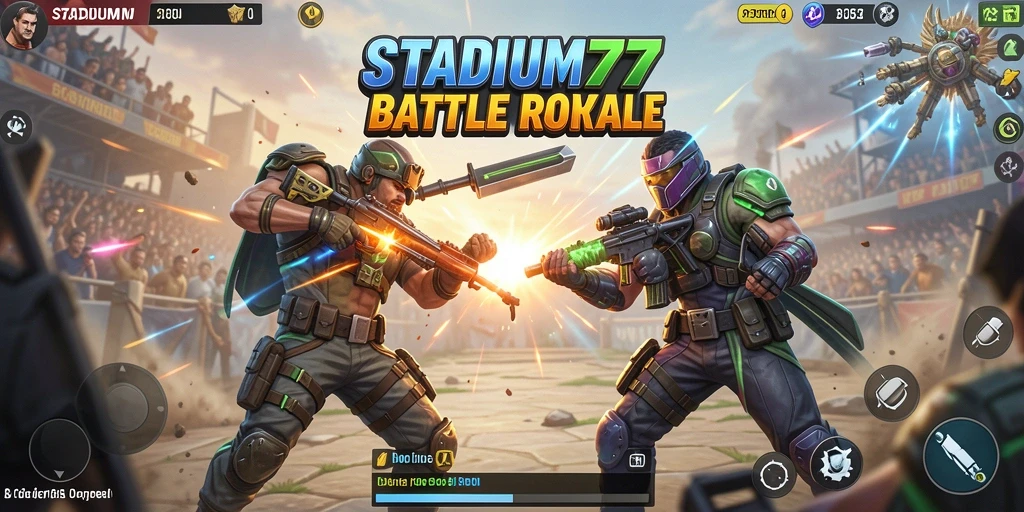 Screenshot utama STADIUM77 menampilkan aksi gameplay Battle Royale yang mendebarkan.
