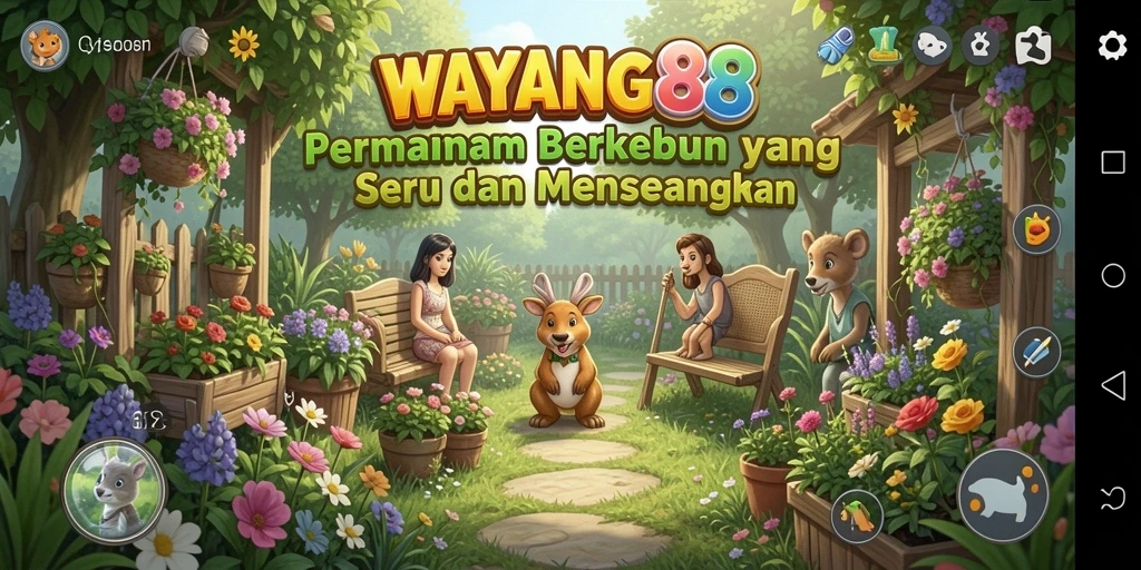 Tangkapan layar utama WAYANG88 menampilkan kebun yang subur dan aktivitas berkebun.